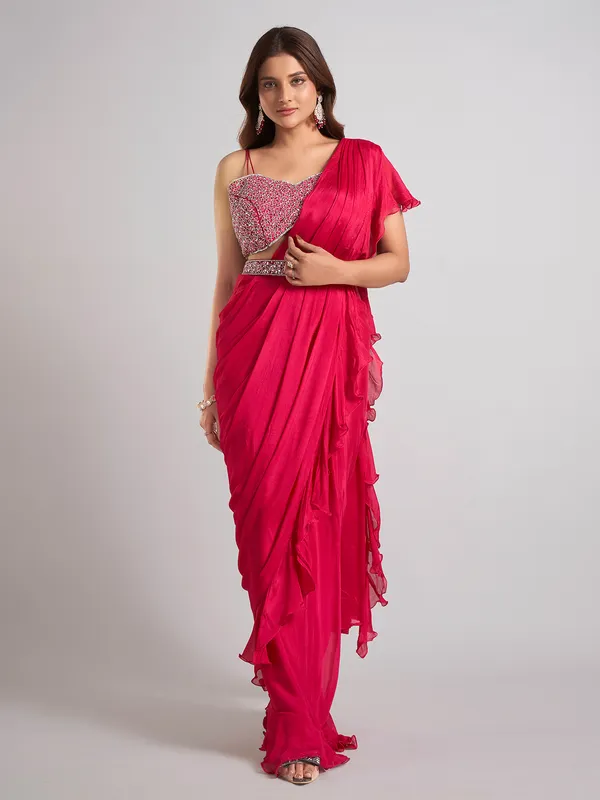 Rani pink silk saree with sparkling aabla accents