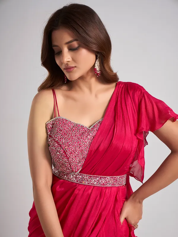Rani pink silk saree with sparkling aabla accents