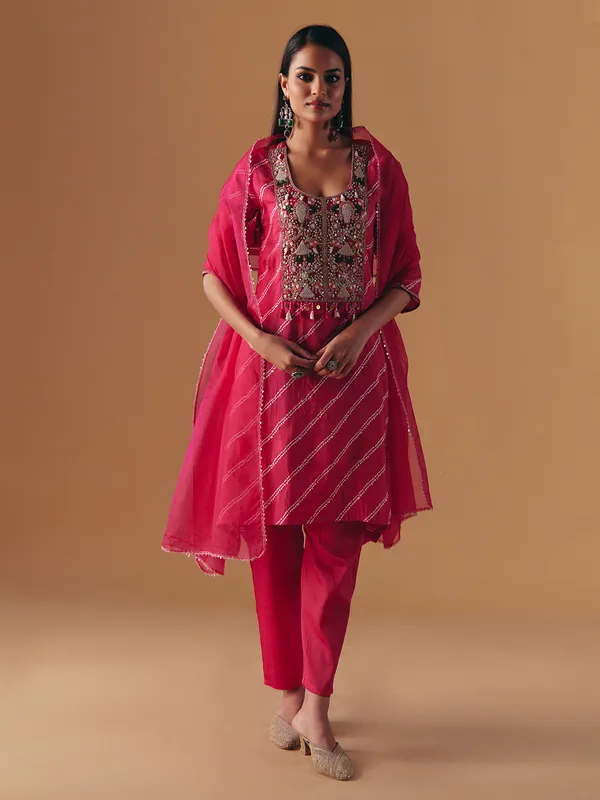 Rani pink silk yoke style pant suit