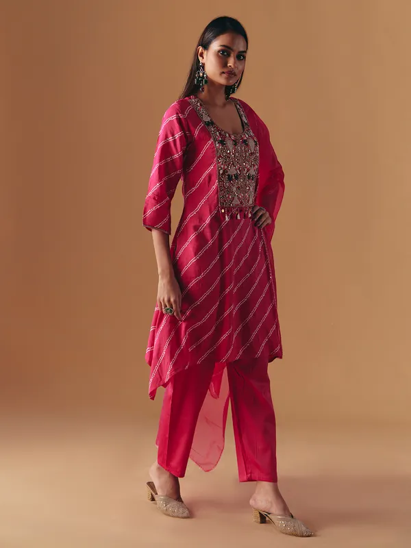 Rani pink silk yoke style pant suit