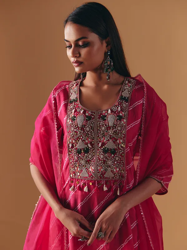 Rani pink silk yoke style pant suit