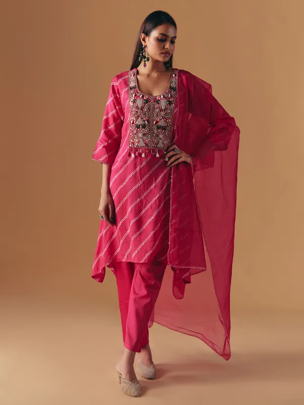 Rani pink silk yoke style pant suit