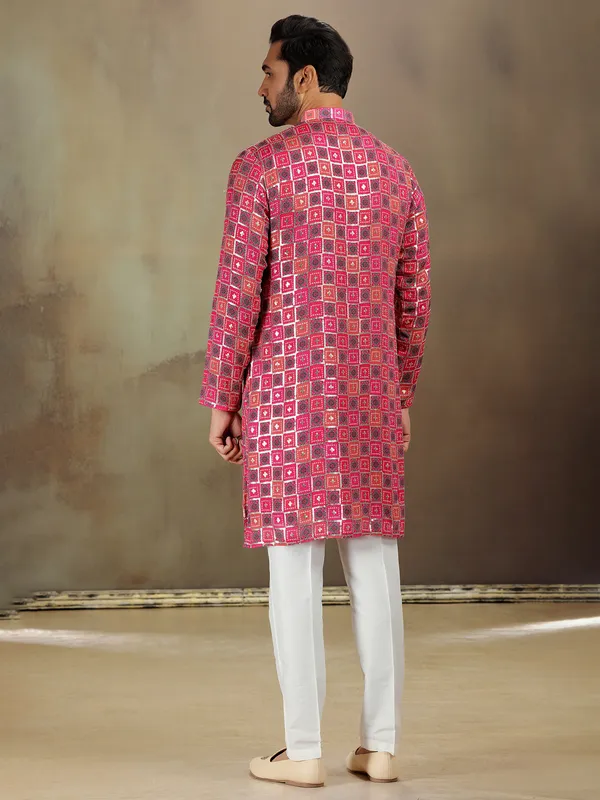 Rani pink thread embroidered kurta set