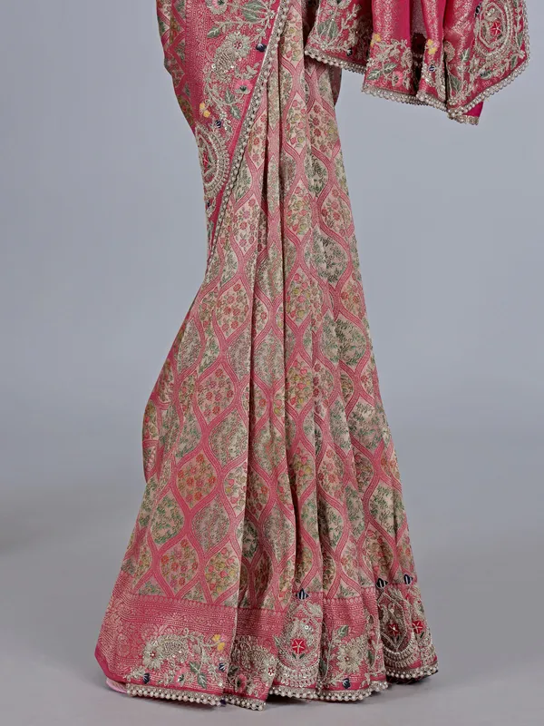 Rani pink tissue silk saree for wedding celebration