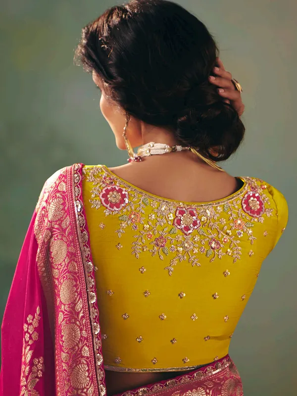 Rani pink viscose dola silk saree with zari work