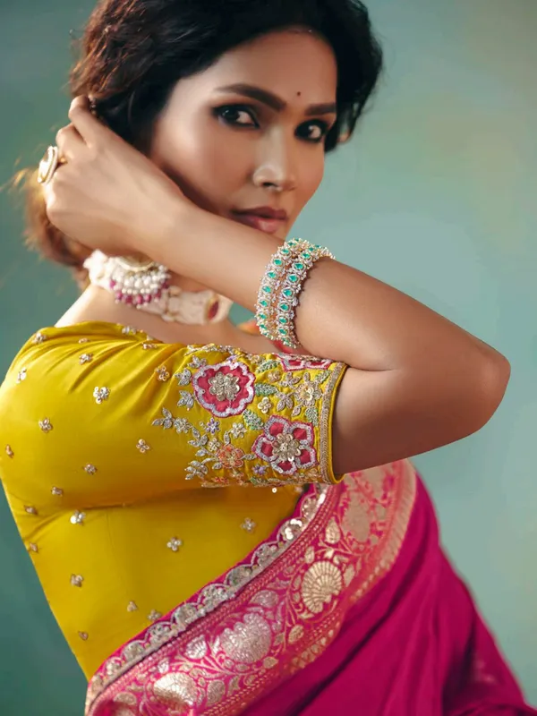 Rani pink viscose dola silk saree with zari work