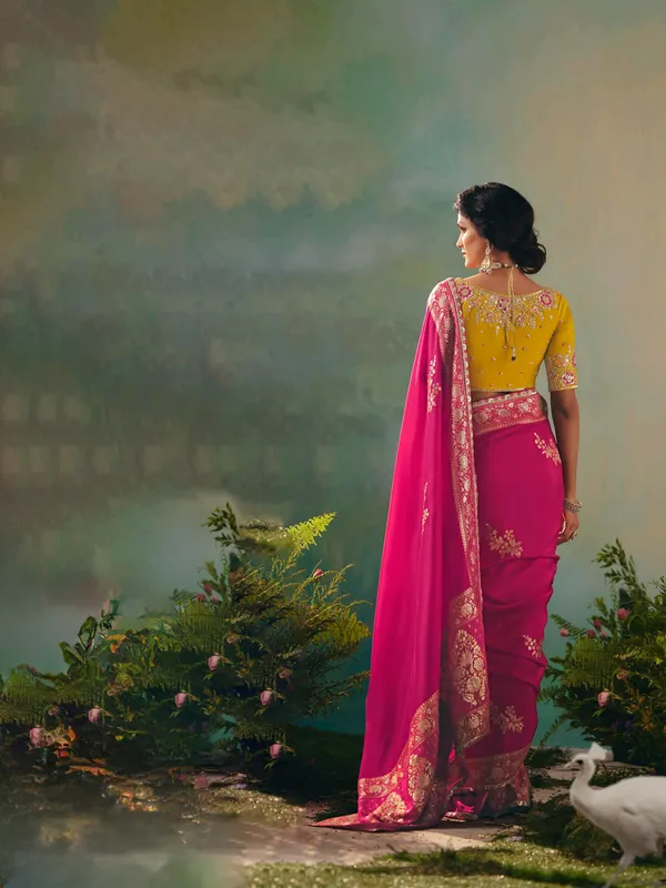Rani pink viscose dola silk saree with zari work