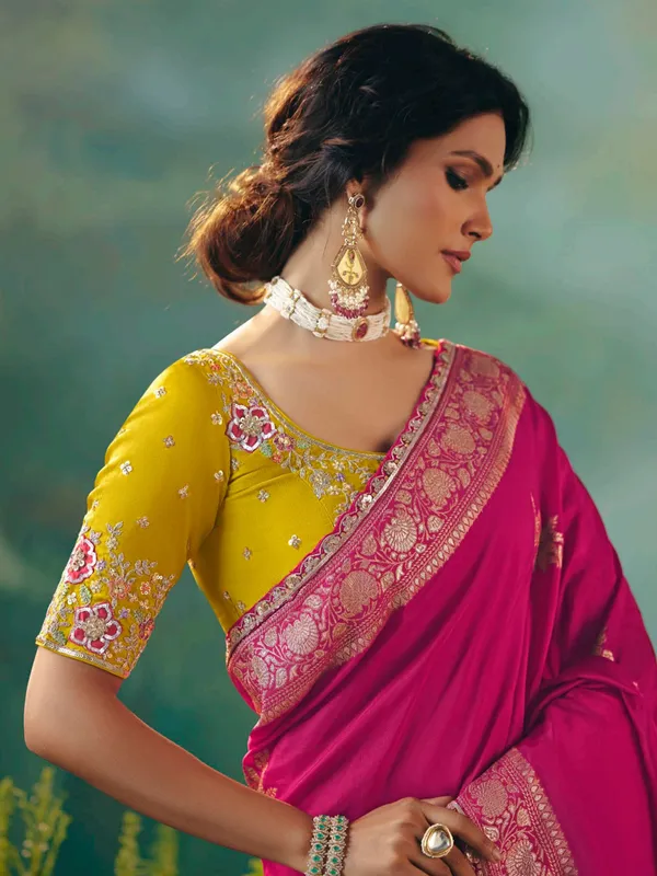 Rani pink viscose dola silk saree with zari work