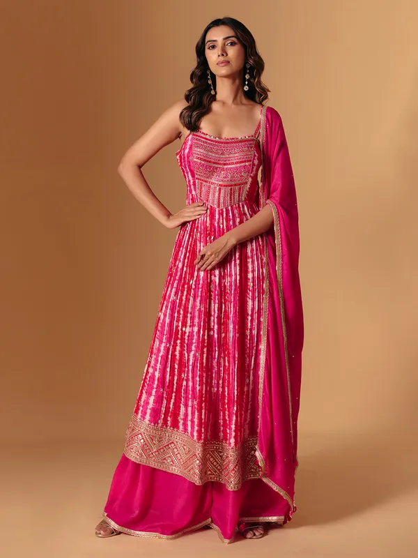 Rani pink zardosi printed palazzo salwar suit