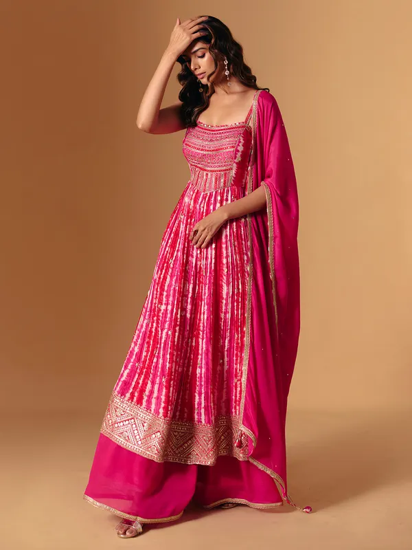 Rani pink zardosi printed palazzo salwar suit