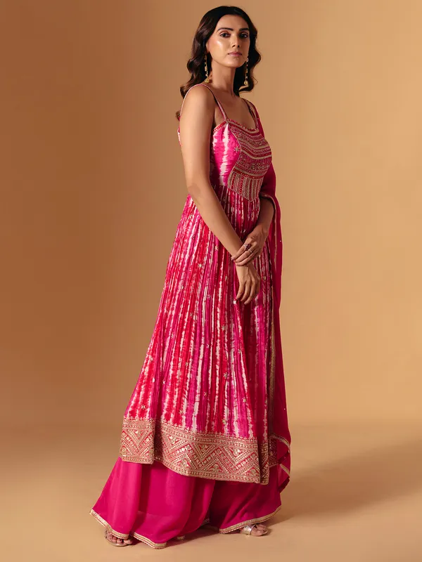 Rani pink zardosi printed palazzo salwar suit