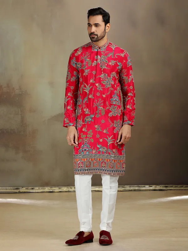 Rani pink zardosi silk kurta ensemble