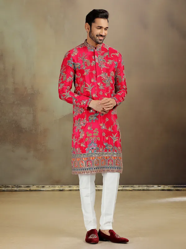 Rani pink zardosi silk kurta ensemble