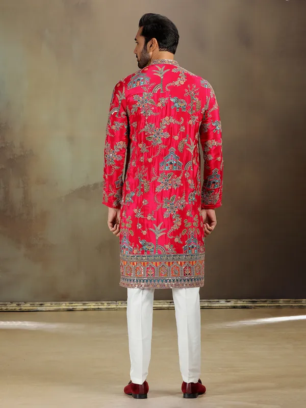 Rani pink zardosi silk kurta ensemble