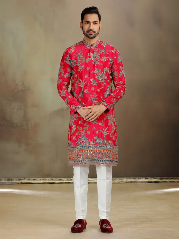 Rani pink zardosi silk kurta ensemble