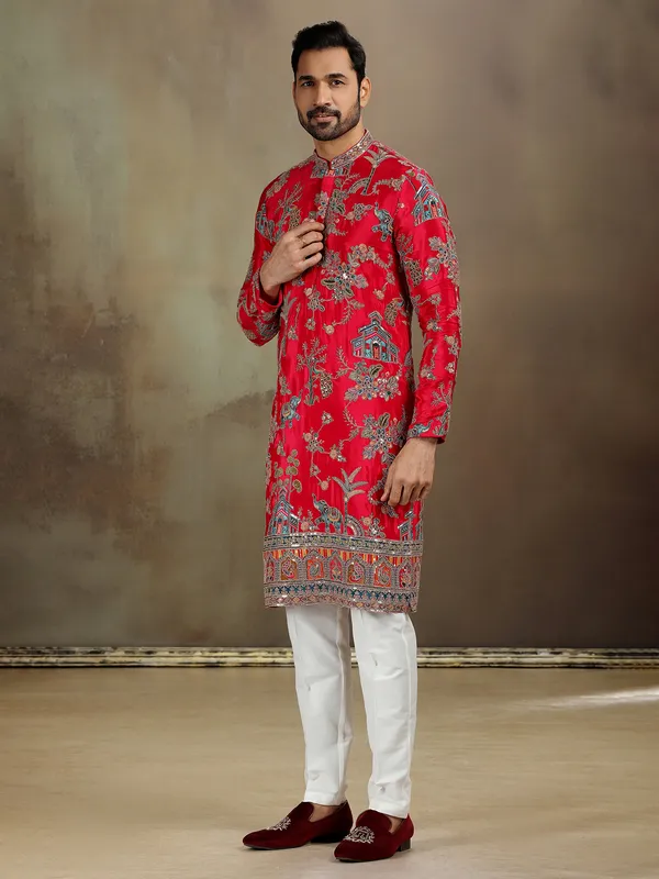 Rani pink zardosi silk kurta ensemble