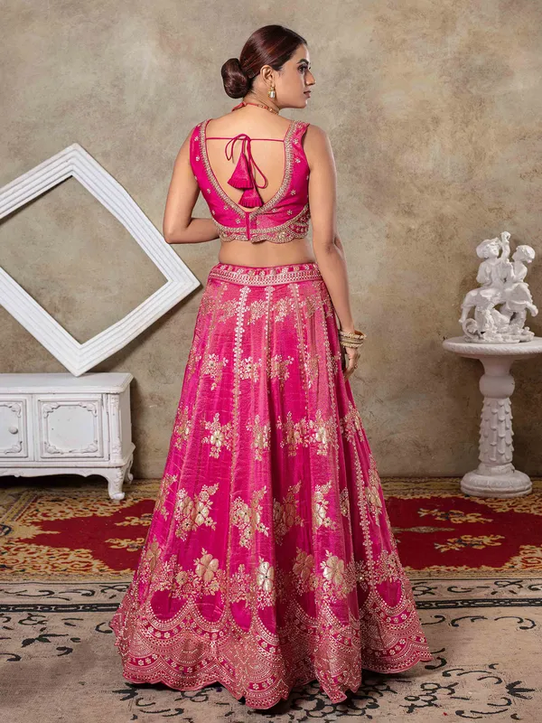 Rani pink zardosi work sleeveless wedding wear lehenga choli
