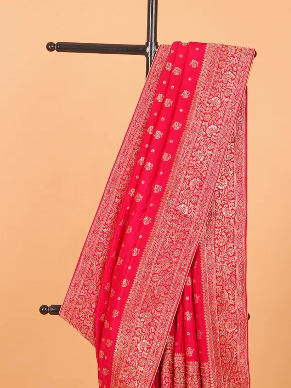 Rani pink zari worked wedding saree in dola silk