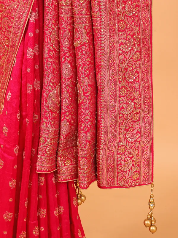 Rani pink zari worked wedding saree in dola silk