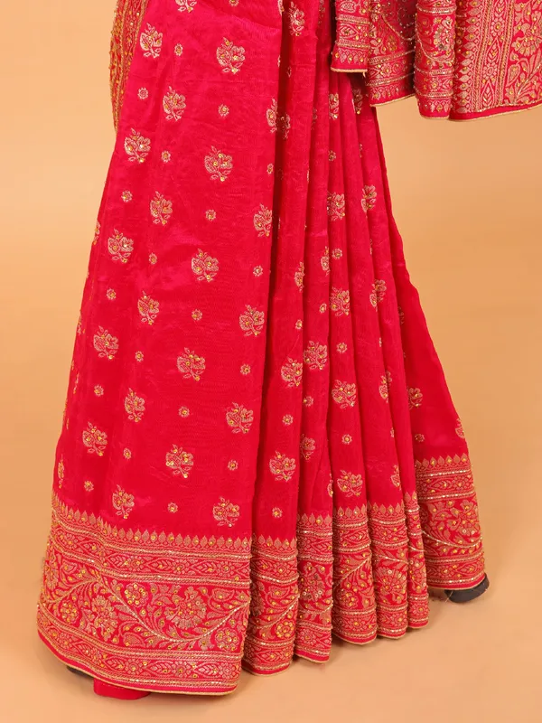 Rani pink zari worked wedding saree in dola silk