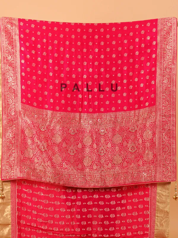 Rani pink zari worked wedding saree in dola silk