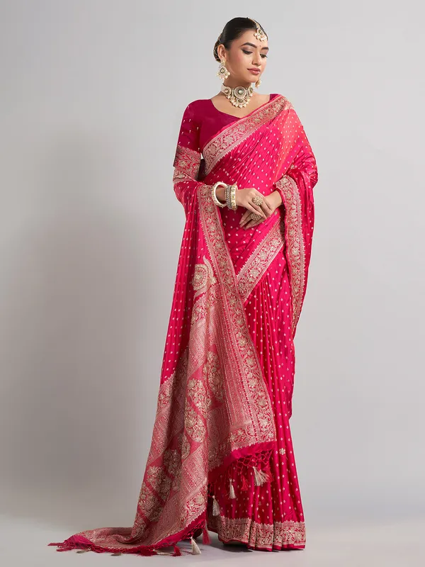 Rani satin silk wedding wear saree with rich zari detailing