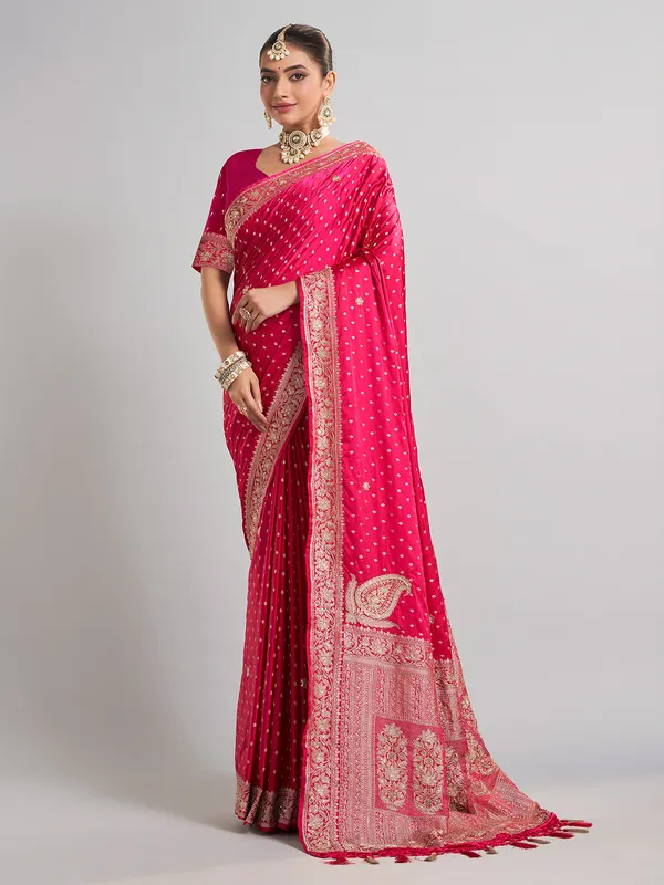 Rani satin silk wedding wear saree with rich zari detailing