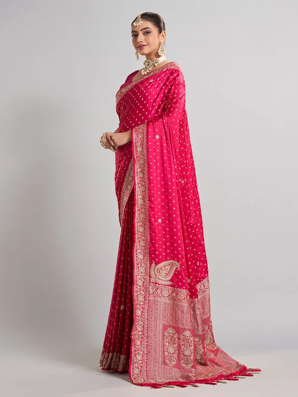 Rani satin silk wedding wear saree with rich zari detailing