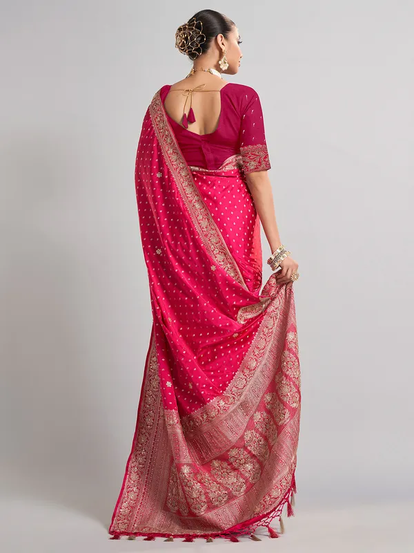 Rani satin silk wedding wear saree with rich zari detailing