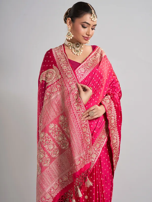 Rani satin silk wedding wear saree with rich zari detailing