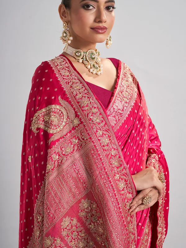 Rani satin silk wedding wear saree with rich zari detailing