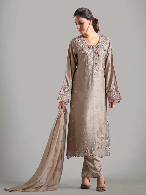 Raw silk beige salwar suit