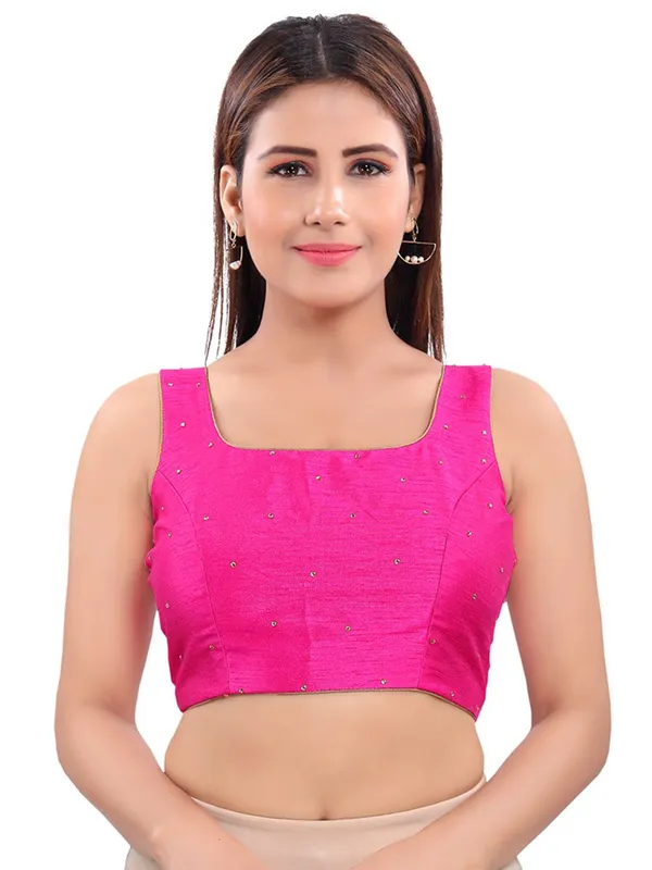 Raw silk blouse with sequence details in magenta color