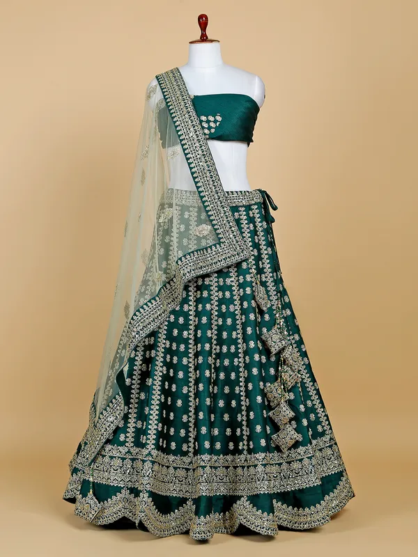 Raw silk bottle green unstitched lehenga choli