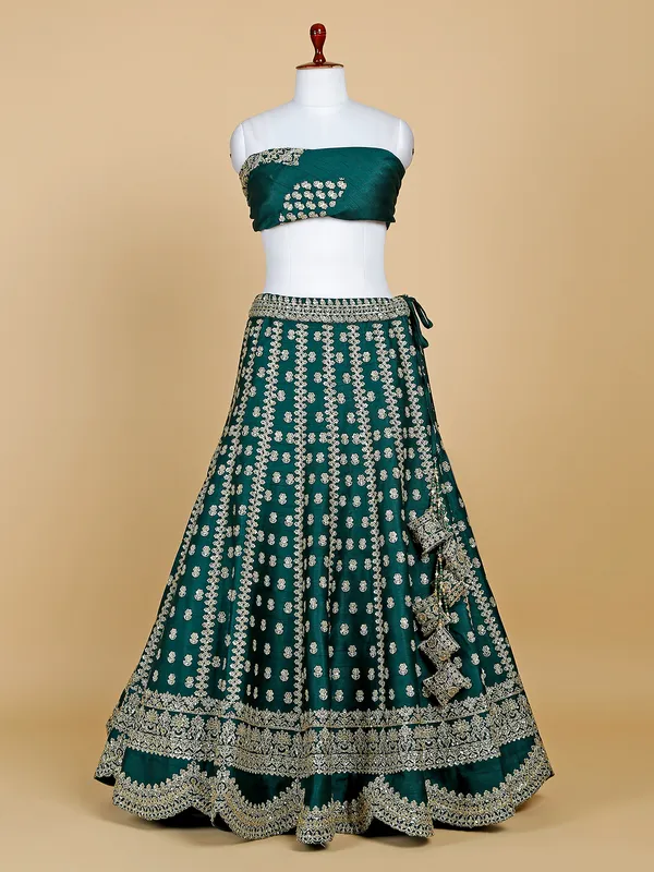 Raw silk bottle green unstitched lehenga choli