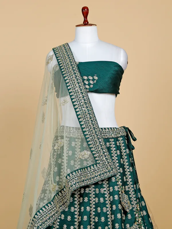 Raw silk bottle green unstitched lehenga choli
