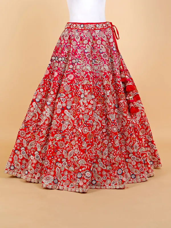 Raw silk bridal unstitched lehenga choli in red