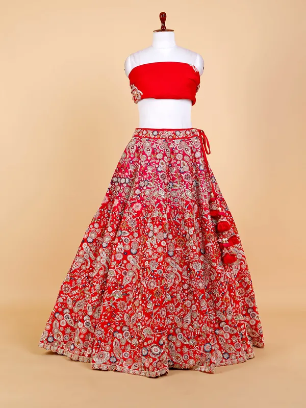 Raw silk bridal unstitched lehenga choli in red