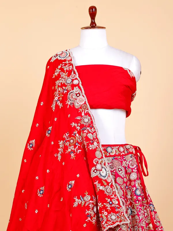 Raw silk bridal unstitched lehenga choli in red