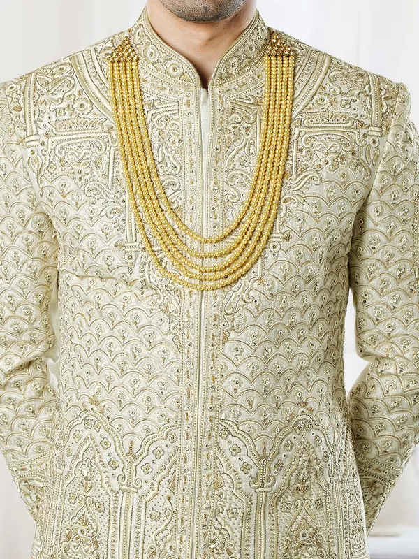 Raw silk cream color groom wear sherwani
