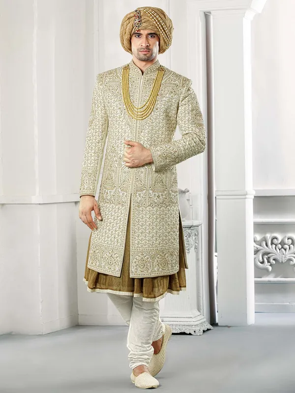 Raw silk cream color groom wear sherwani