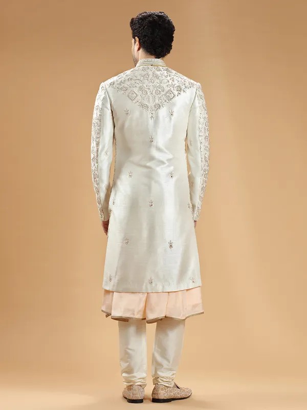 Raw silk cream groom sherwani