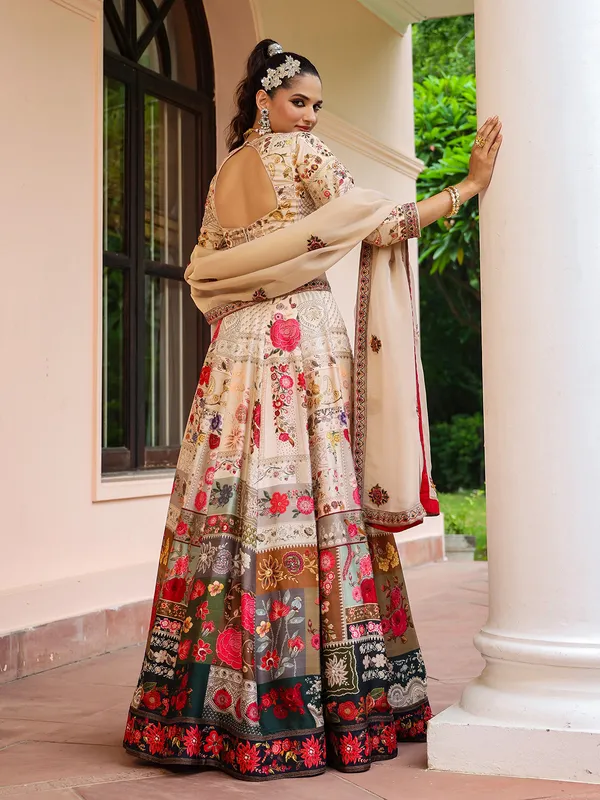 Raw silk cream lehenga choli for wedding