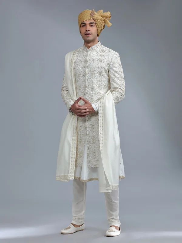 Raw silk cream peshwai sherwani for groom