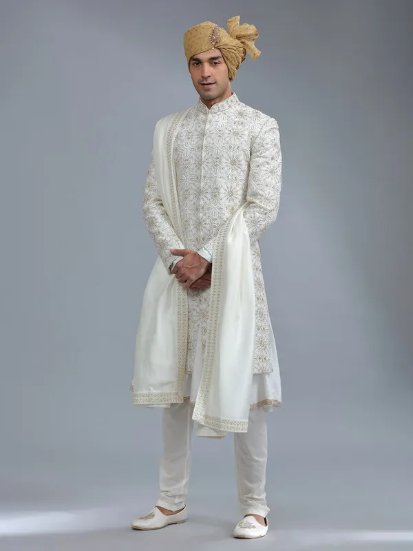 Raw silk cream peshwai sherwani for groom