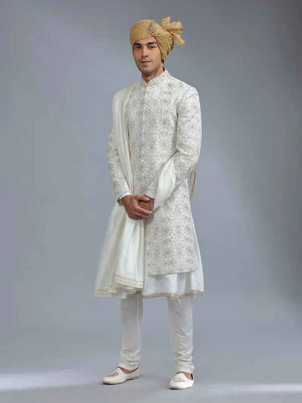 Raw silk cream peshwai sherwani for groom