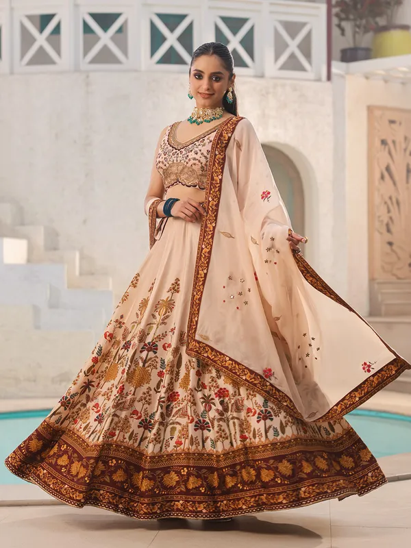 Raw silk cream printed lehenga choli