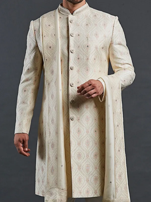 Raw silk cream sherwani resham embellishment