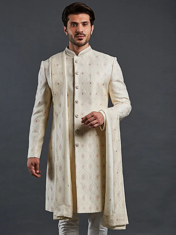Raw silk cream sherwani resham embellishment