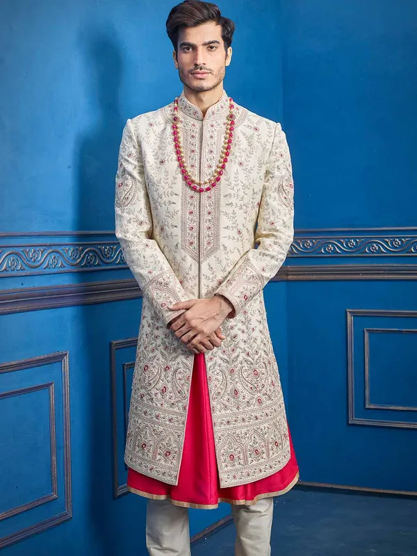 Raw silk double layer cream sherwani